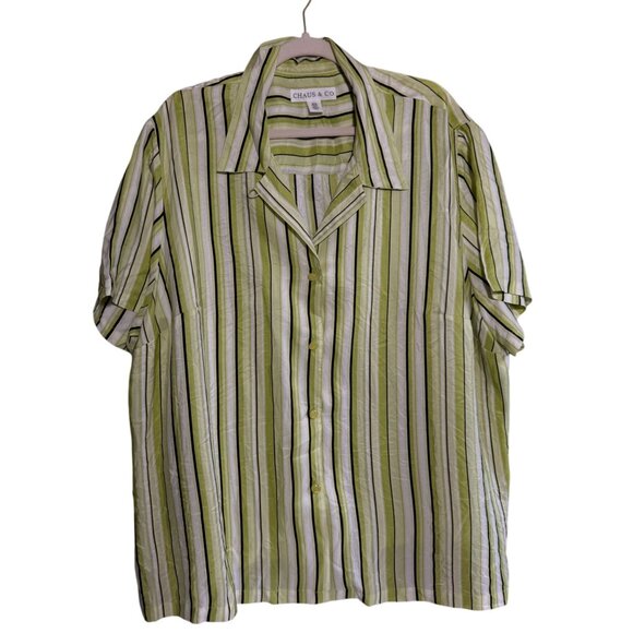 Chaus & Co. 100% Silk Striped Button Front Shirt Top Womens 22W Green White - Picture 1 of 5